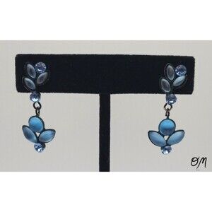 Blue Gemstone Floral Dangle Stud Earrings Black Metal Finish